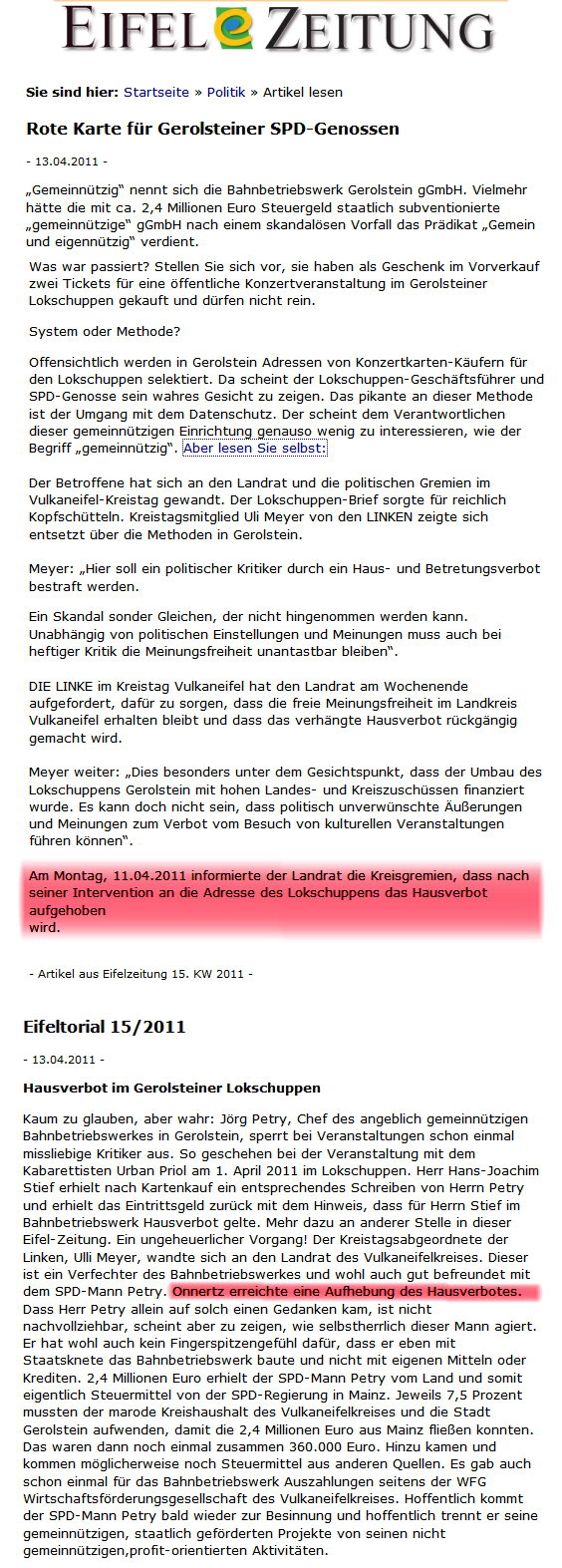 Rote Karte Hausverbot EAZ 15KW 2010